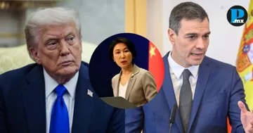 El presidente estadounidense, Donald Trump, la portavoz jefa del Ministerio de Exteriores chino, Mao Ning, y el presidente de Espa&ntilde;a, Pedro S&aacute;nchez