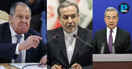 Los ministros de Relaciones Exteriores Sergei Lavrov (Rusia), Abas Araqchi (Ir&aacute;n) y Wang Yi (China),