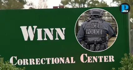 Miembro armado del ICE y fachada exterior del  Centro Correccional Winn de Louisiana, Estados Unidos