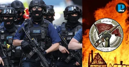 Miembros de la polic&iacute;a antiterrorista de Londres y el logotipo oficial del grupo islamista Harakat Ashab al-Yamin al-Islamiya (HAYI)