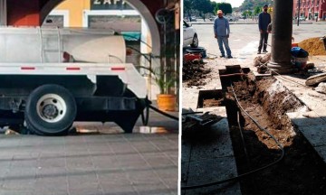 Pipa de agua causa socavón en portal de Cholula