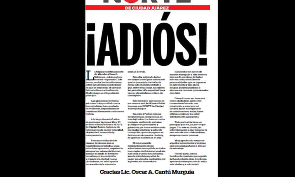 Cierra el periódico Norte de Ciudad Juárez por inseguridad
