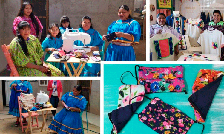 Mujeres tarahumaras fabrican cubrebocas con diseño rarámuri