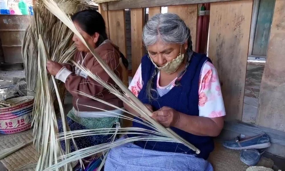 Indígenas oaxqueñas elaboran cubrebocas de palma 