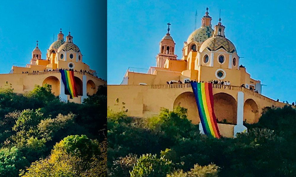 Cuelgan bandera LGBT en Pirámide de Cholula contra violencia machista