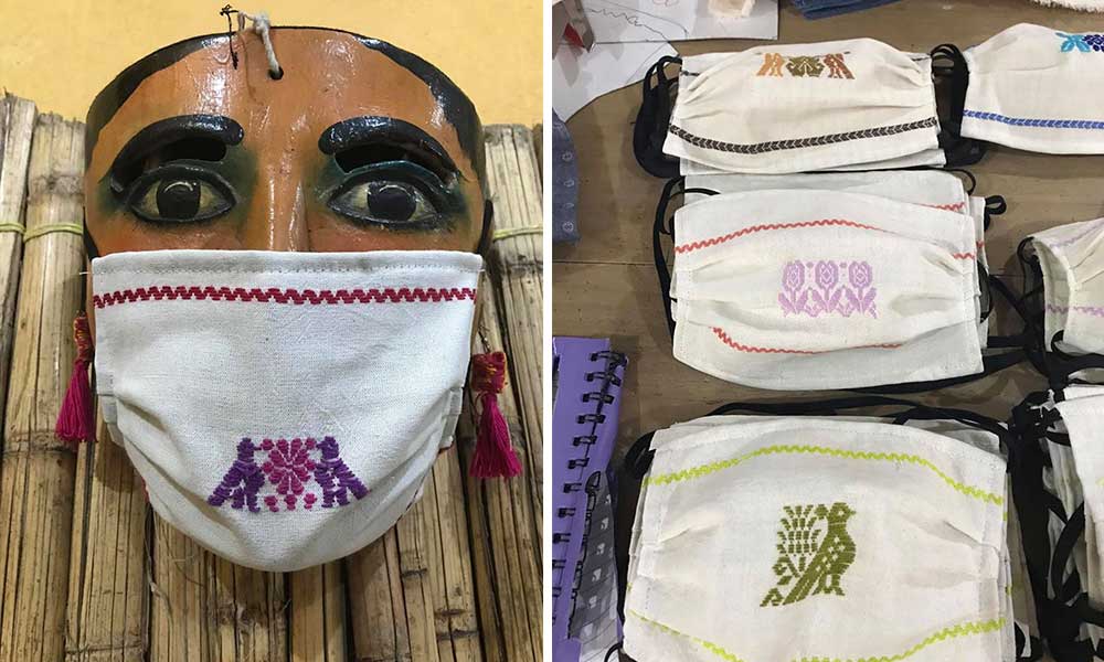 Artesanos de Cuetzalan crean cubrebocas con bordados