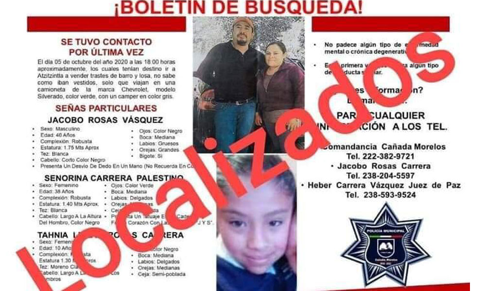 Localizan a los tres integrantes de una familia originaria de Cañada de Morelos que fueron reportados como desaparecidos