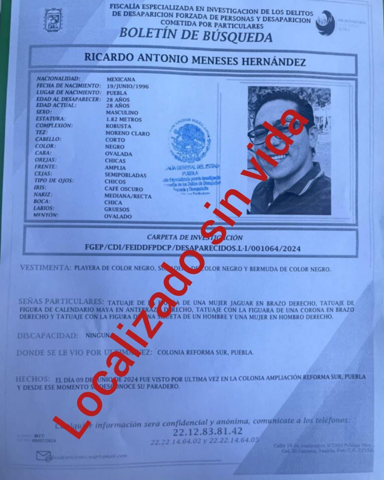 Boletín de búsqueda Ricardo Antonio Meneses, localizado sin vida.