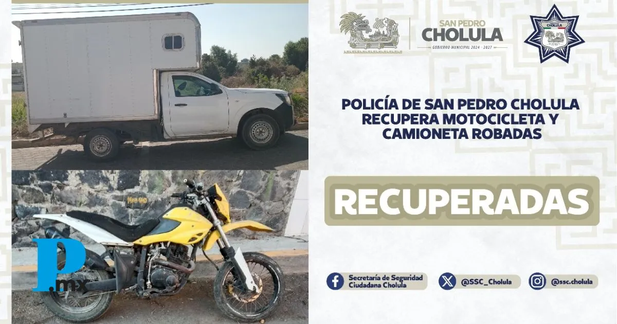 Policía de San Pedro Cholula recupera motocicleta y camioneta robadas