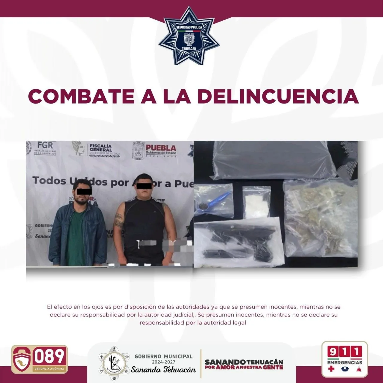 Detiene Gobierno de Tehuacán a dos generadores de violencia; les aseguran drogas, arma de fuego y cartuchos útiles