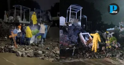 ¡Las tumbas terminaron en la calle! Tromba colapsa barda en panteón de Atlixco