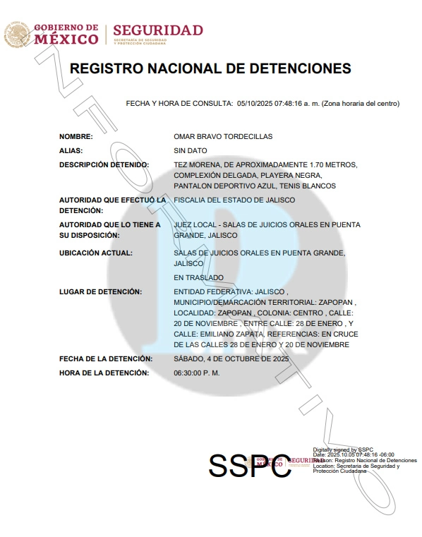 Registro de detención del ex-futbolista Omar Bravo