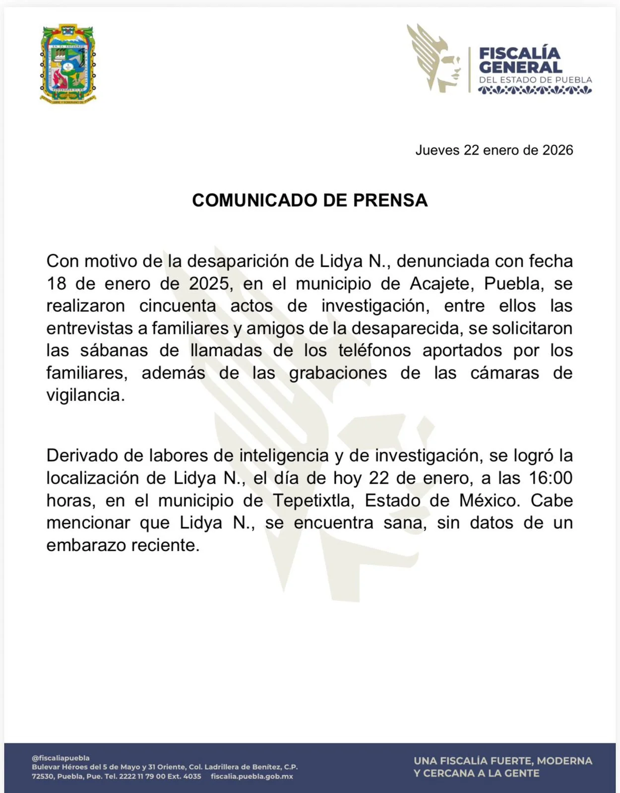 Comunicado de la Fiscalía General del Estado