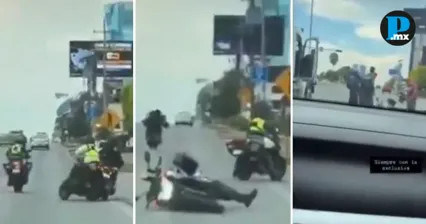 Motociclista provoca ca&iacute;da de agente vial en V&iacute;a Atlixc&aacute;yotl