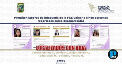 Fiscal&iacute;a de Puebla ubica con vida a cinco personas desaparecidas