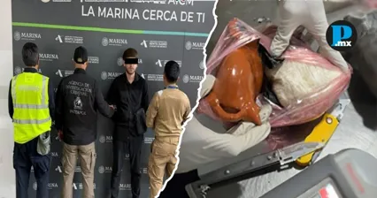 La Semar, ANAM y SSPC aseguraron 8.6 kilos de coca&iacute;na ocultos en artesan&iacute;as que llegaron al AICM en un vuelo procedente de Per&uacute;.